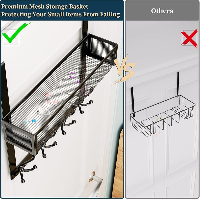 Consumest Over The Door Hooks Organizer - Over Door Hanger with 16 Hooks & 2 Baskets for Hanging Coat, Clothing, Towel, Back Storage for Bathroom, Closet, College Dorm, Black - Image 4
